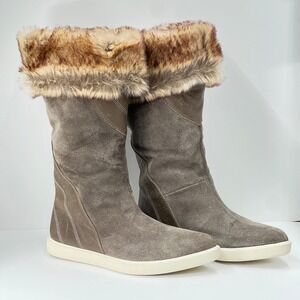 Naya Womens Taupe Suede Faux Fur Trim Pointed Toe Mid Calf Flat Boots Size 8M